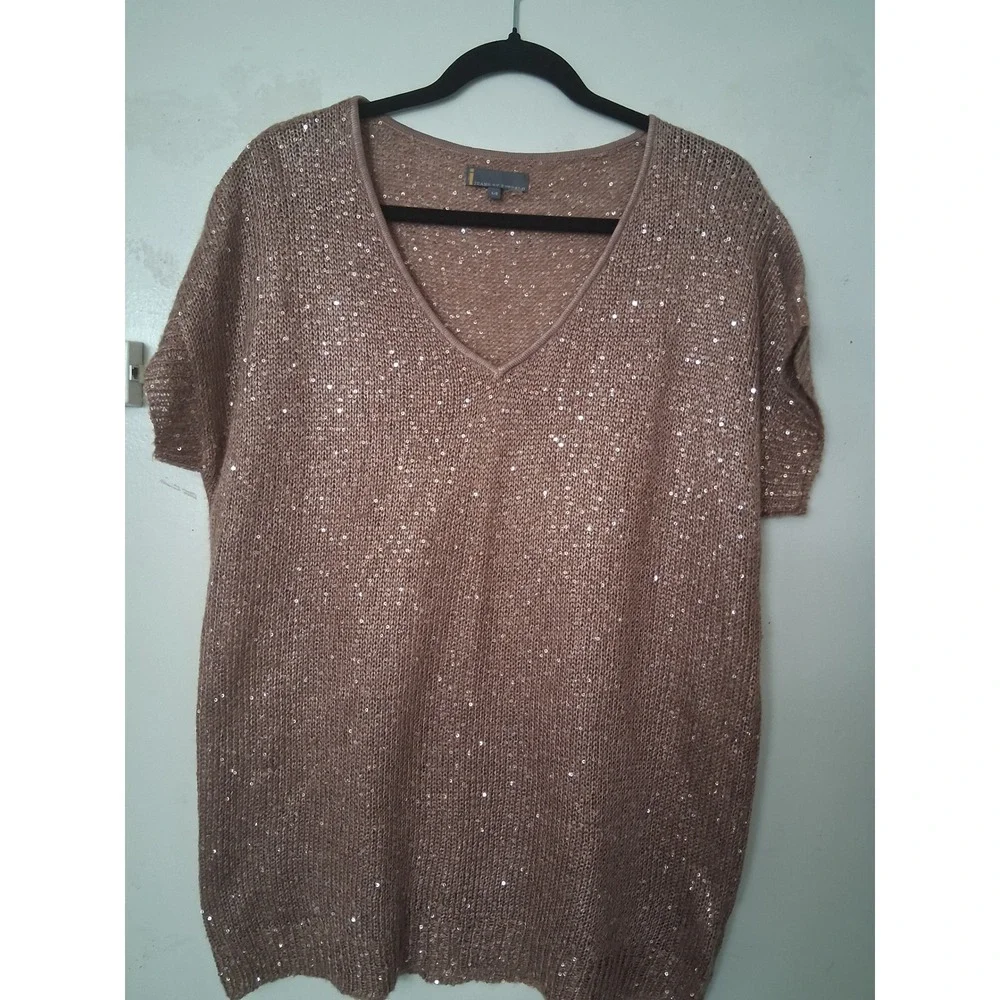 Jeans by Buffalo Womens Sequin V-Neck Short Sleeve Knit Sweater Top Taupe L - Picture 1 of 8
